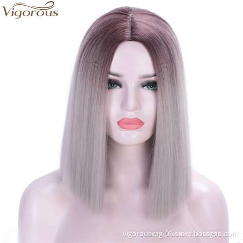 Vigorous Wholesale Price Straight Short Blunt Cut Bob For Black Women 2 Tone Ombre Color Middle Part  Brazilian Cosplay Wig